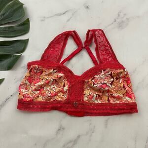Maaji Womens Bralette Size M Red Orange Lace Trim Geometric Print Wireless